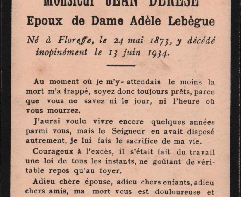 Floreffe – souvenirs mortuaires – les patronymes DERESE